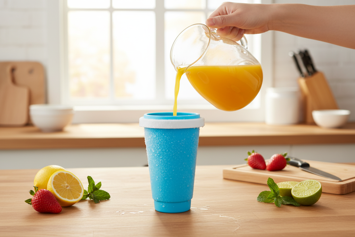Frosty Cup en cocina vertiendo zumo