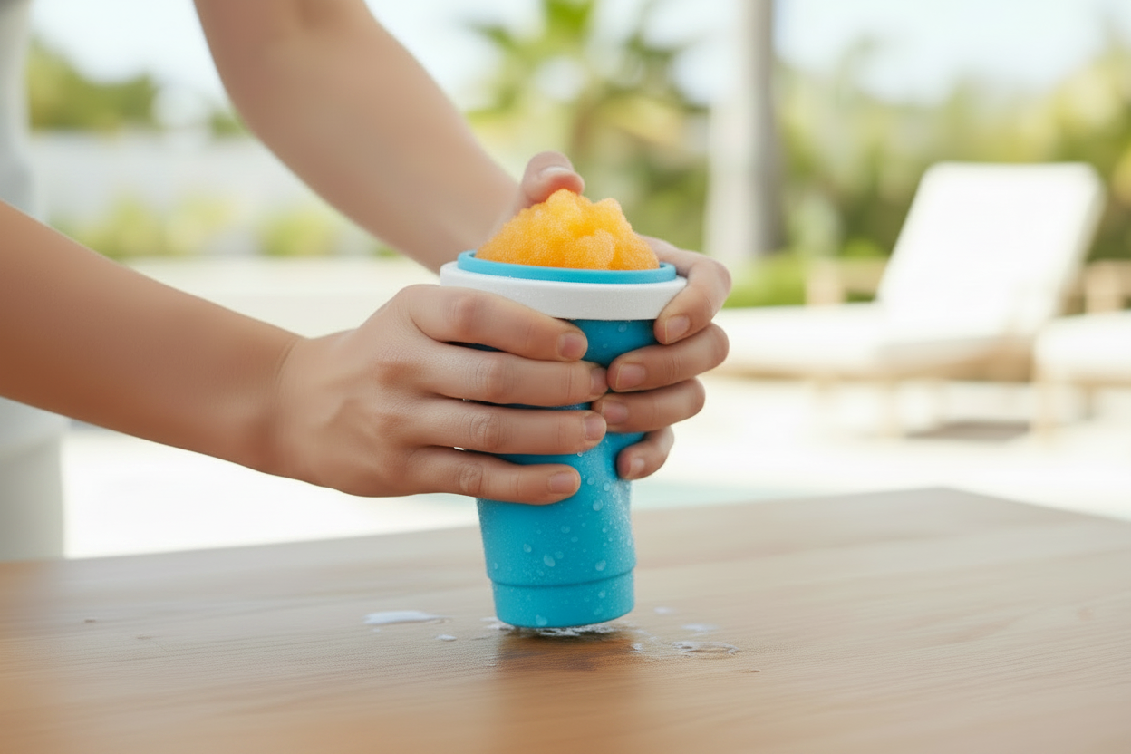 Manos apretando Frosty Cup con granizado de naranja