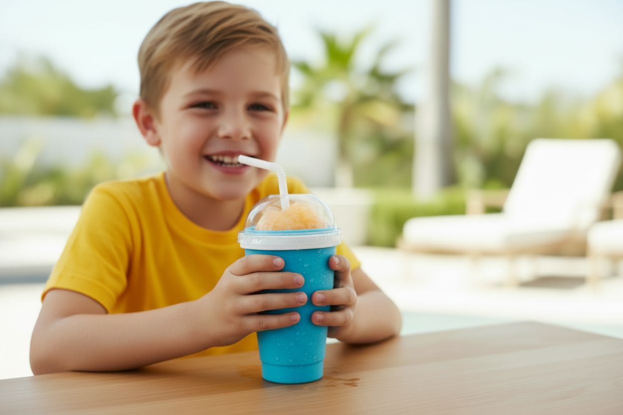 Niño bebiendo granizado de naranja con Frosty Cup